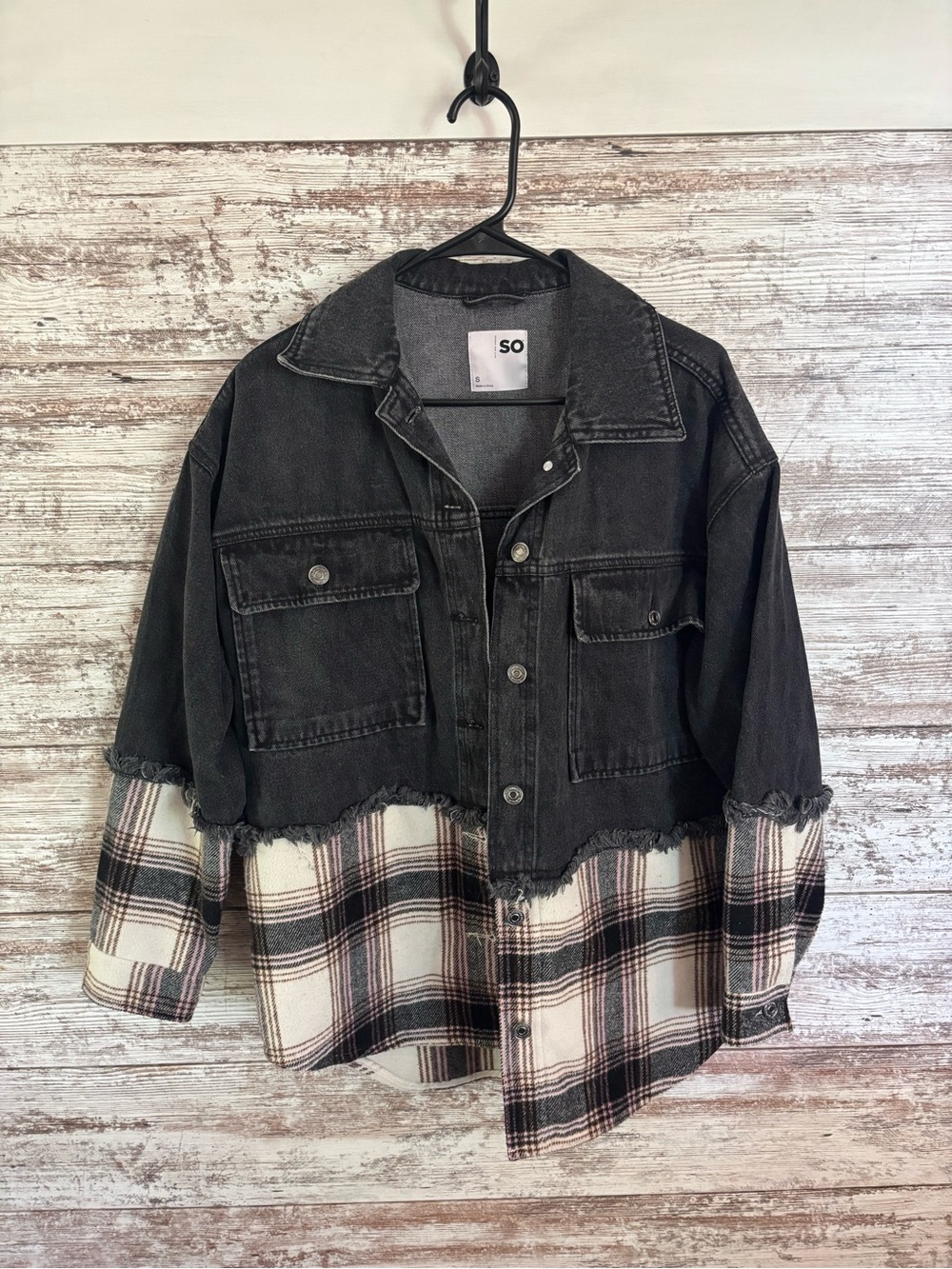 SO Black Denim Jacket with Plaid Hem